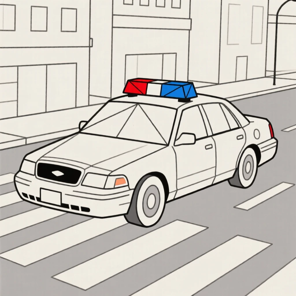 A police car with lights flashing on a city street