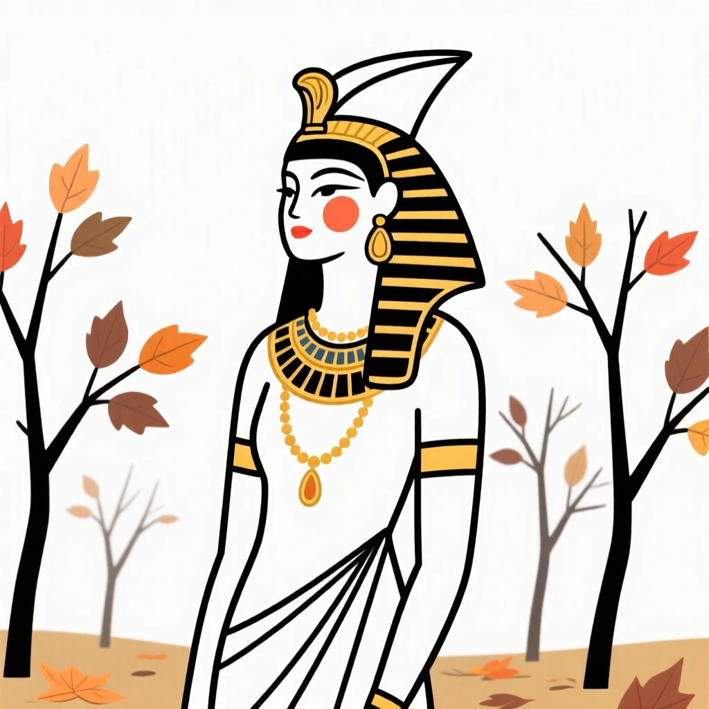 An ancient egyptian queen adorned in gold, in an autumn orchard.