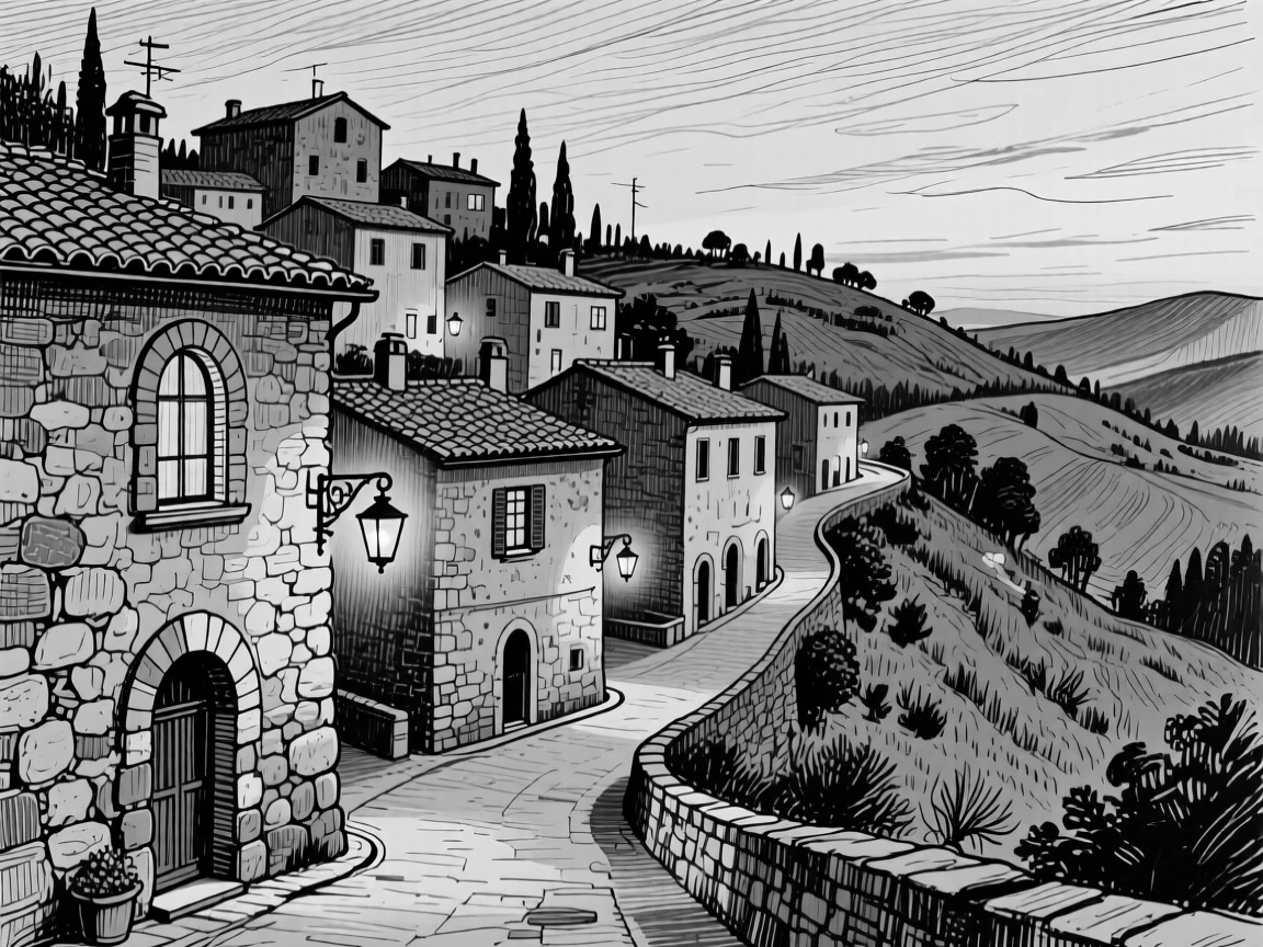 A tuscan hillside village with lanterns beginning to glow at dusk, featuring arched windows catching the light, rendered in a quietly charming architectural composition.