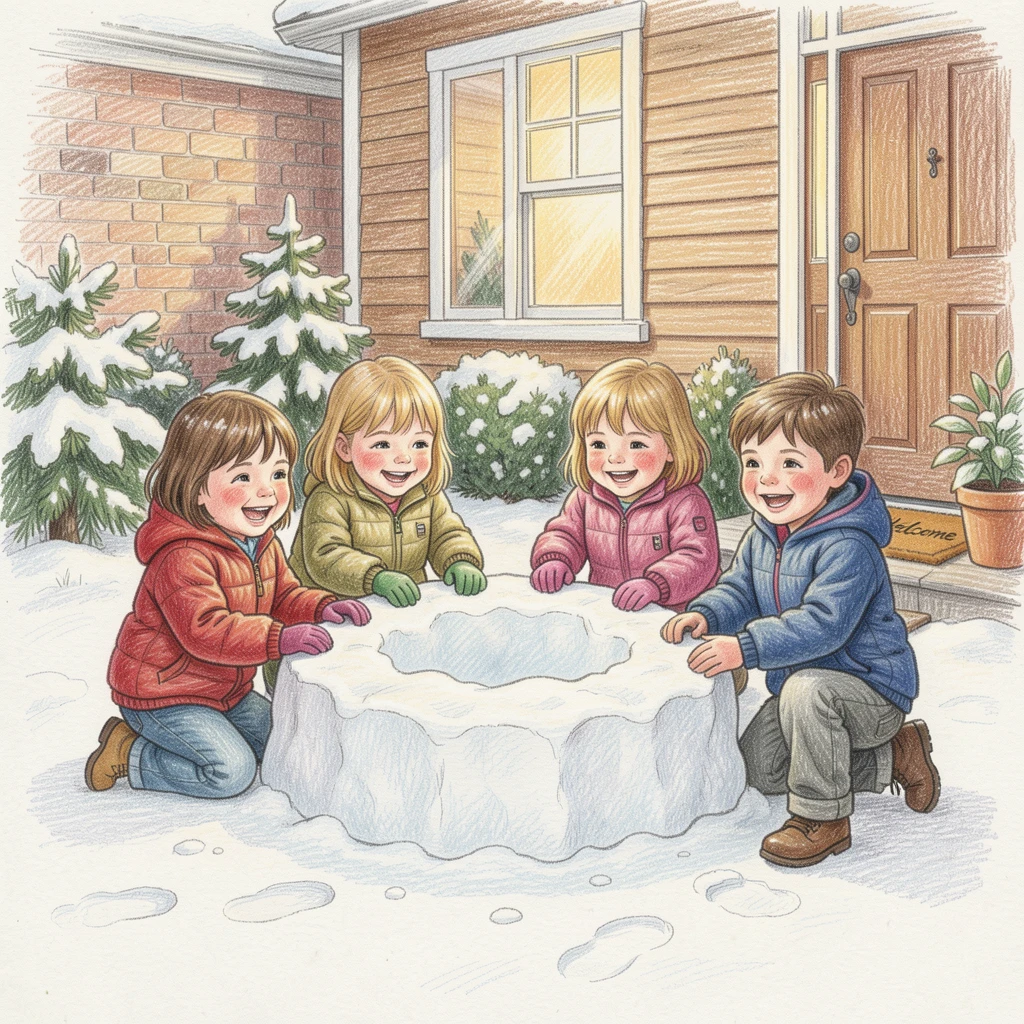 Children building a snow fort together in the front yard, surrounded by a cozy, loving home environment, capturing the pure joy and innocence of childhood.