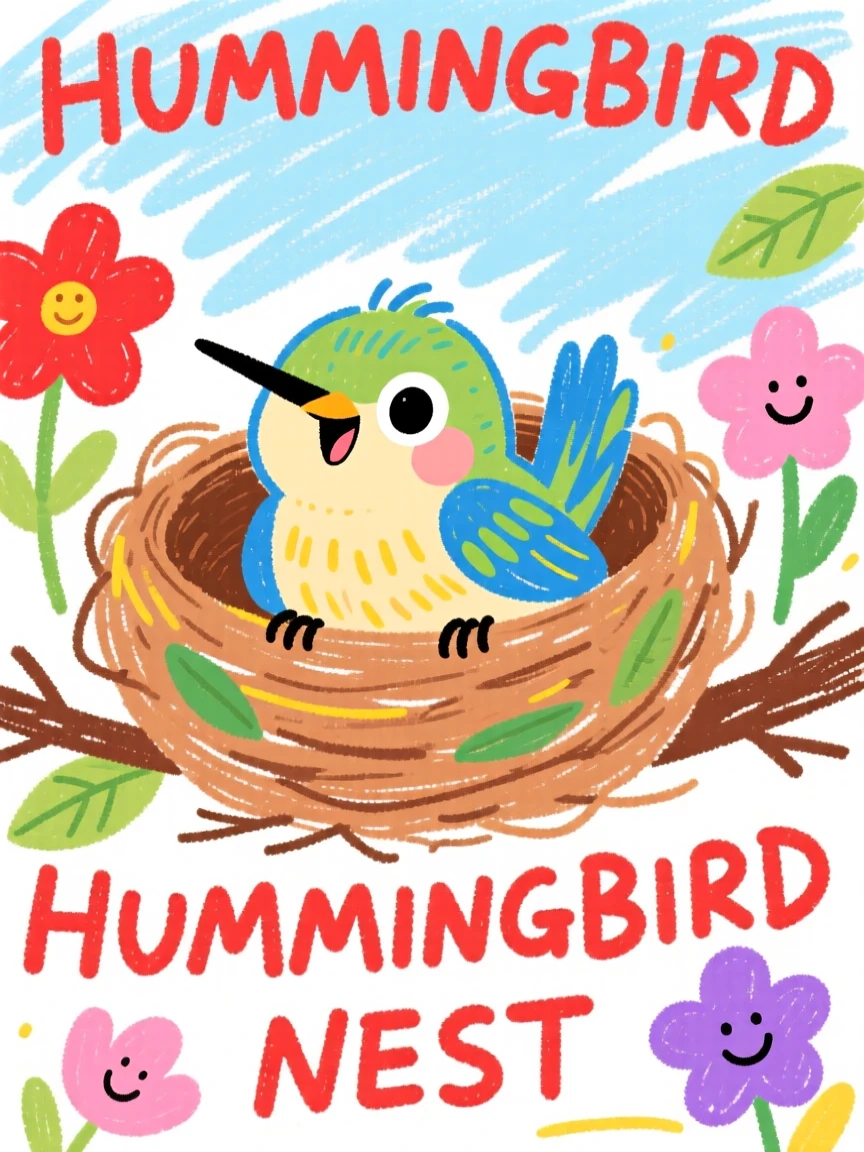 A tiny hummingbird chick peeking over the edge of its nest.