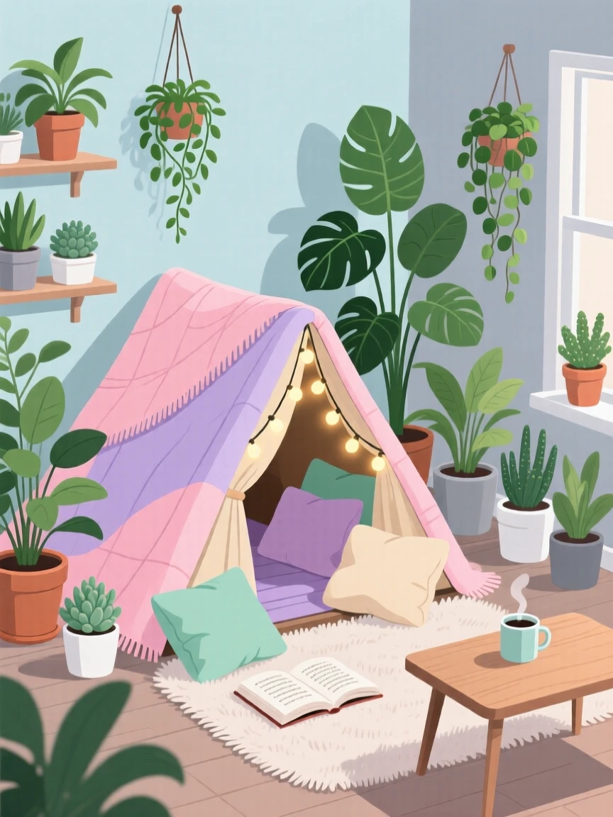 A cozy blanket fort built for a relaxing weekend at home, set within a plant-filled room bursting with greenery, shown from a slightly elevated angle for a cozy overview, with gentle pastel tones evoking calm and comfort.