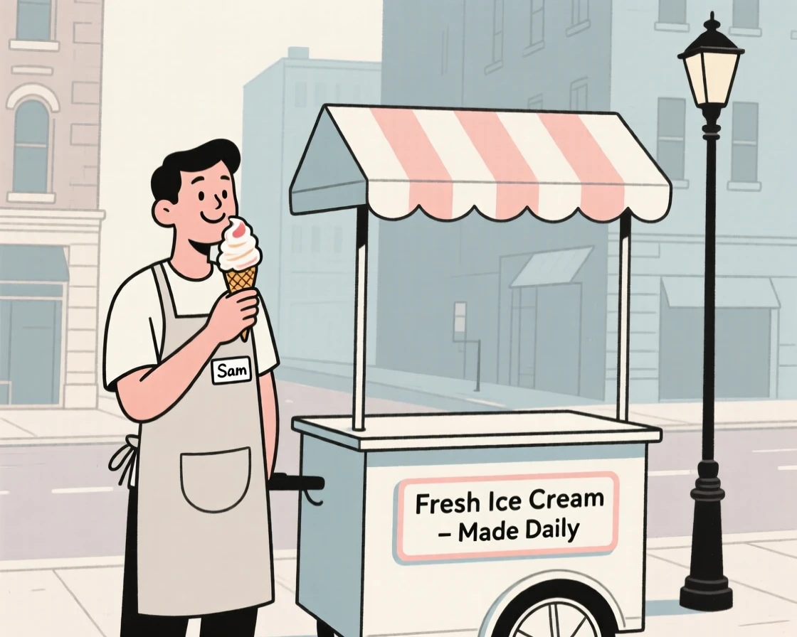 A street vendor enjoying an ice cream cone on a quiet weekend afternoon in the city.