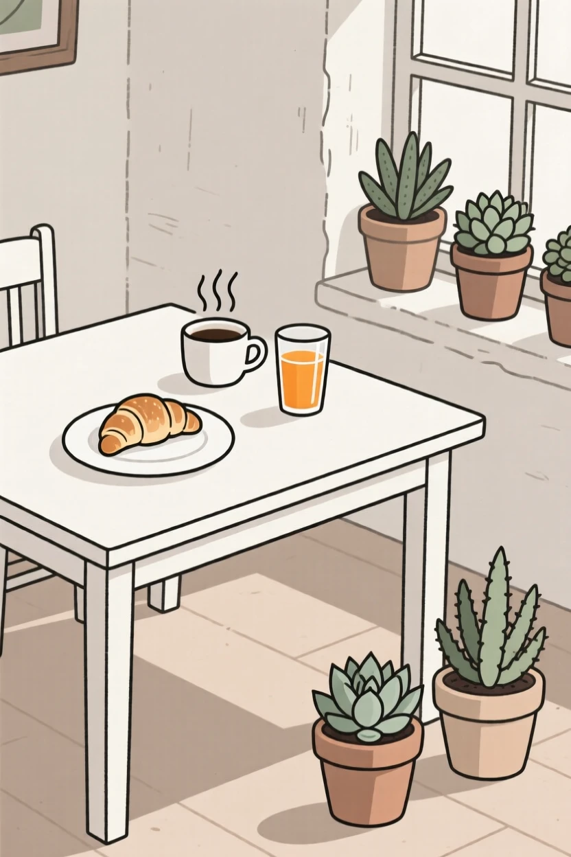A tidy breakfast table arranged near potted succulents in a countryside cottage, expressing homey warmth.