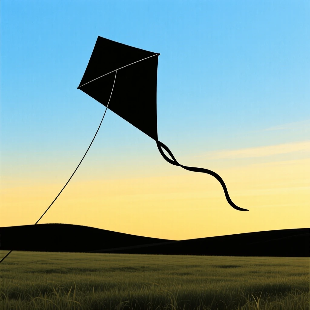 A lone kite drifting high above an open field on a calm afternoon.