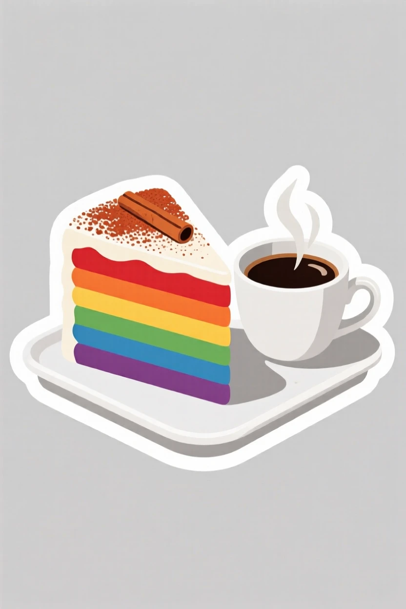 A beautifully garnished slice of rainbow layer cake, dusted with cinnamon on top, on a tray beside a cup of coffee.