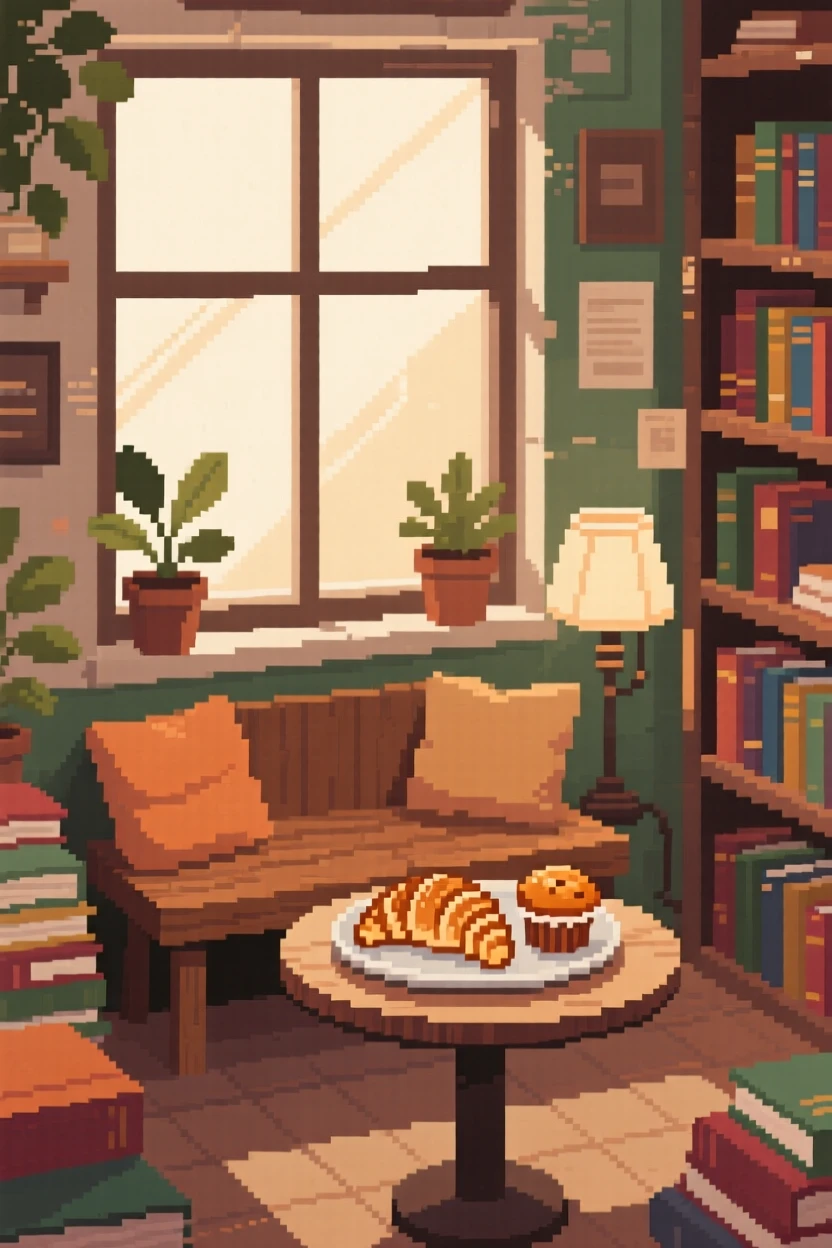 A window seat set with a plate of fresh pastries, within a cluttered but charming bookshop.