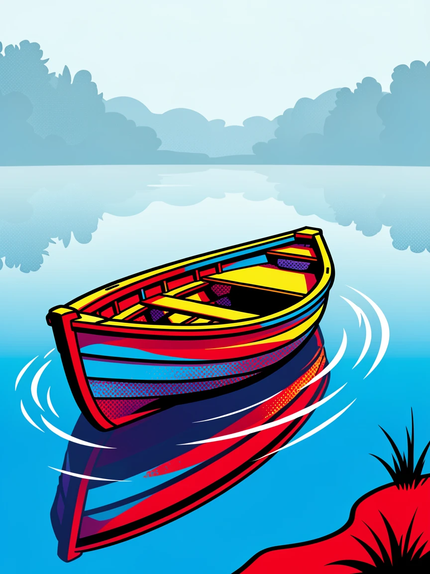 A rowboat resting on the shore of a misty morning lake