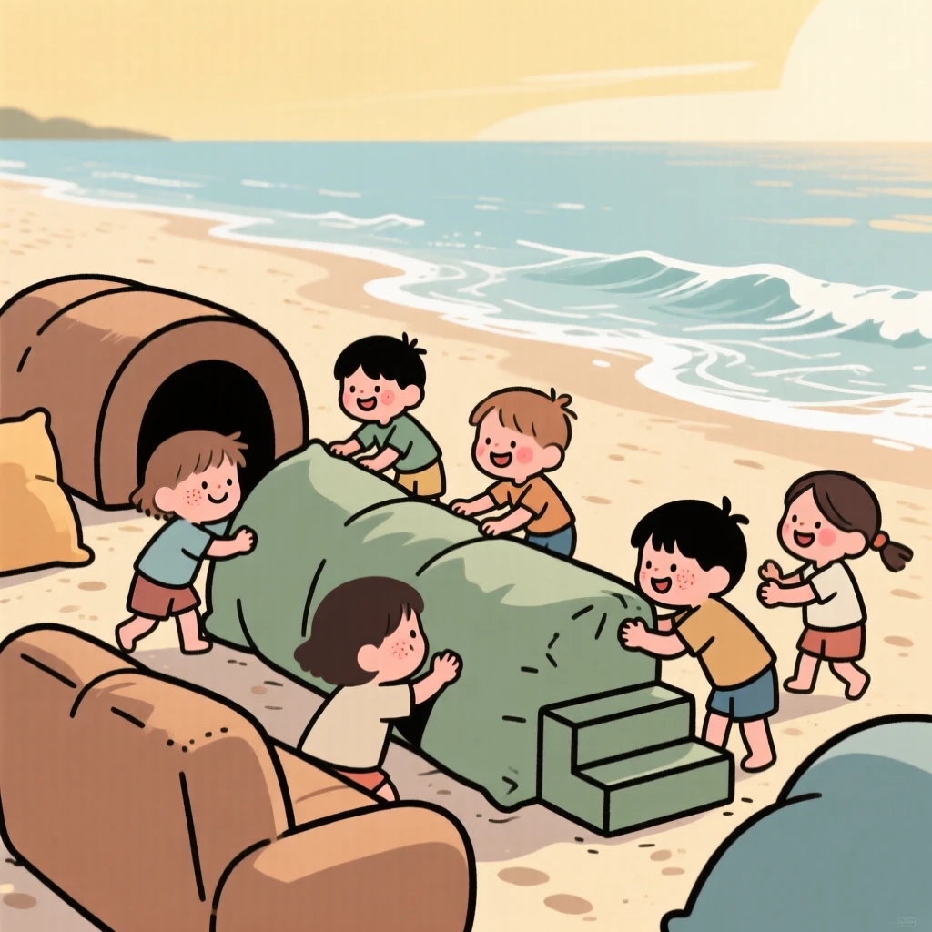A small group of children build a obstacle course out of couch cushions in the sunny beach, laughing as a wave rushes in to wash it away.