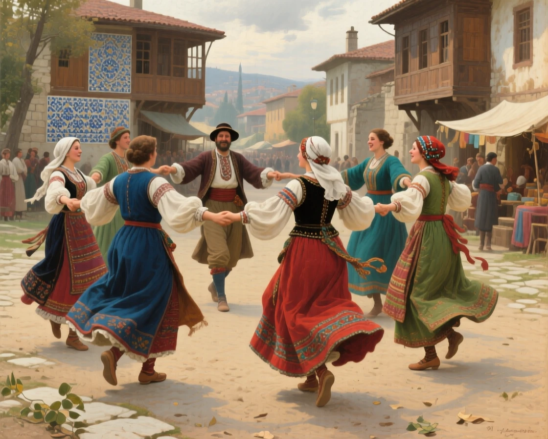 A centered composition of a traditional folk dance performed in colorful costumes at a village fair, in old Istanbul, in the 18th century.