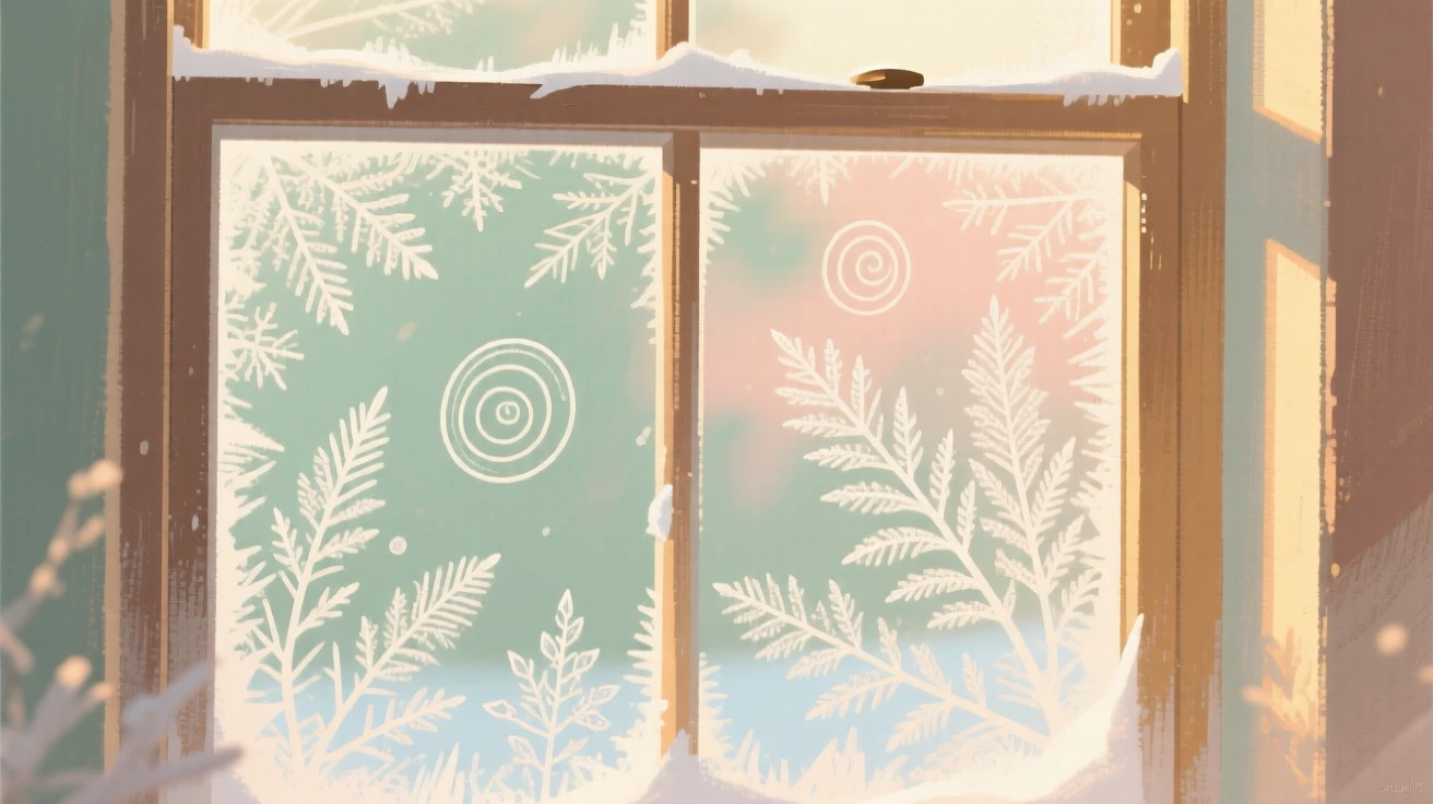 A frosty windowpane etched with delicate ice patterns