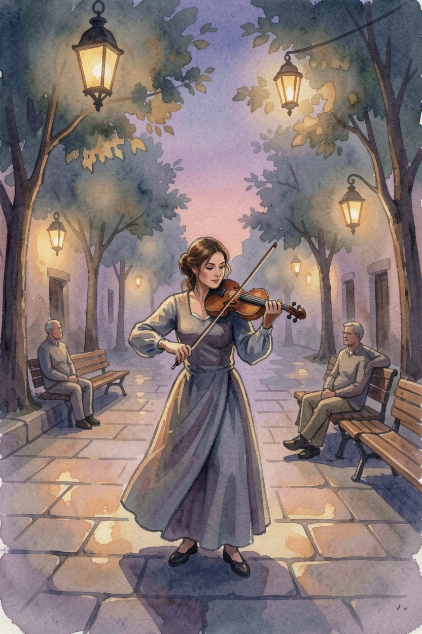 A violinist performing in a quiet plaza at dusk surrounded by a warm and inviting setting.