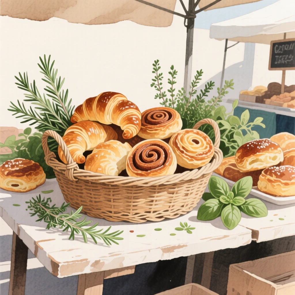 A basket of pastries sits with fresh herbs scattered around it at a bustling market stall, arranged beautifully for a delightful meal