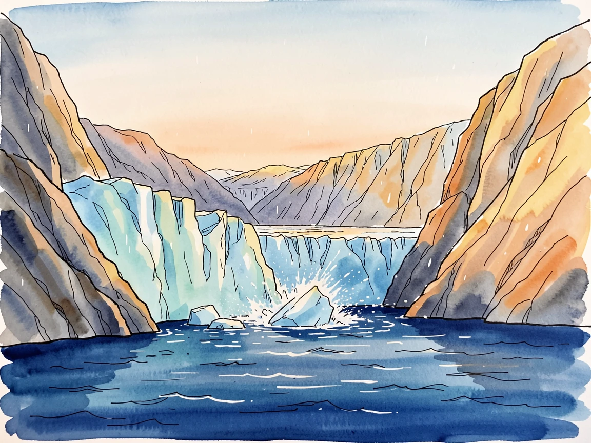 A remote glacier calving into a deep blue fjord, golden light spilling across the landscape at the close of day.