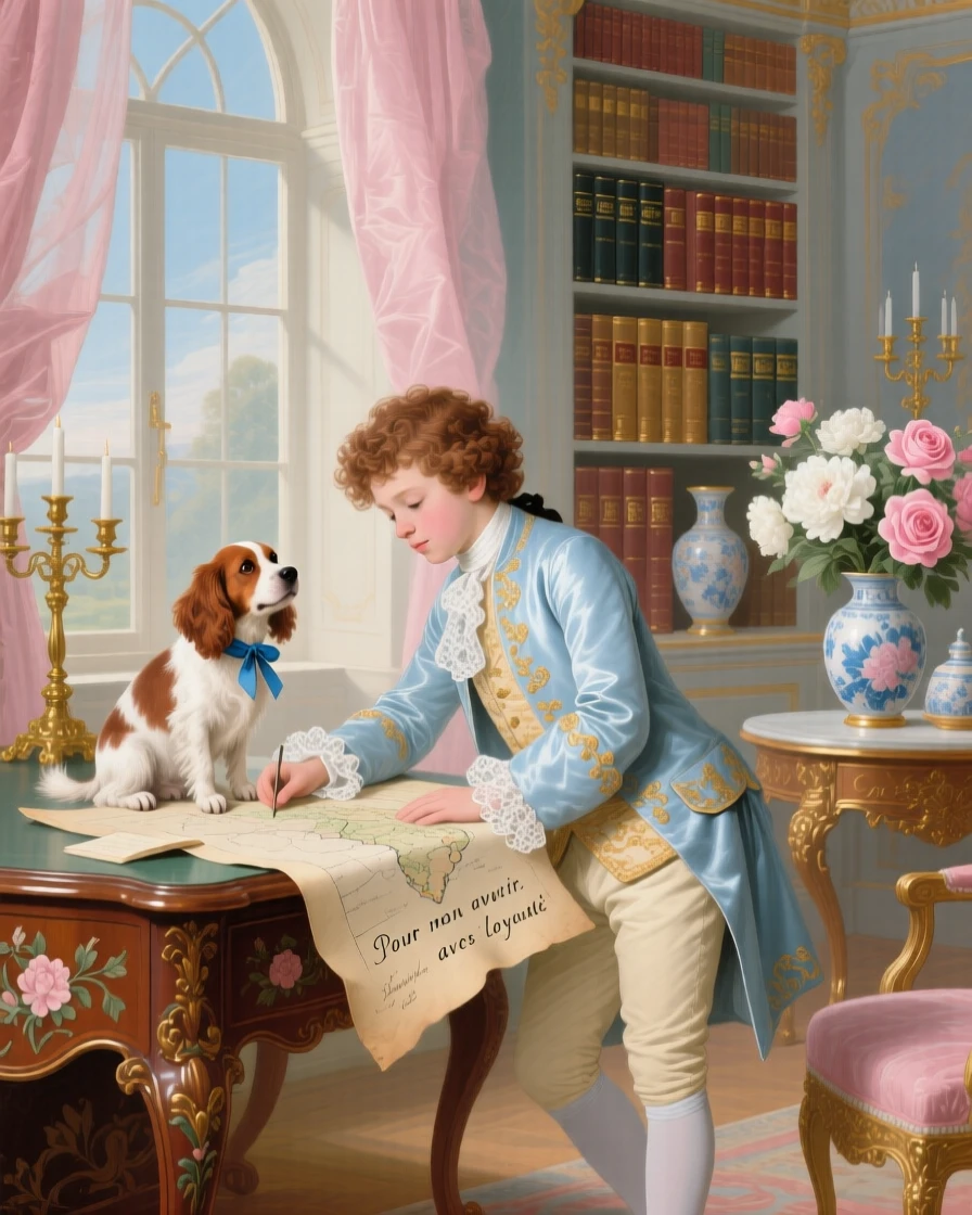 A young prince studying a map in a library with his loyal dog beside him  
