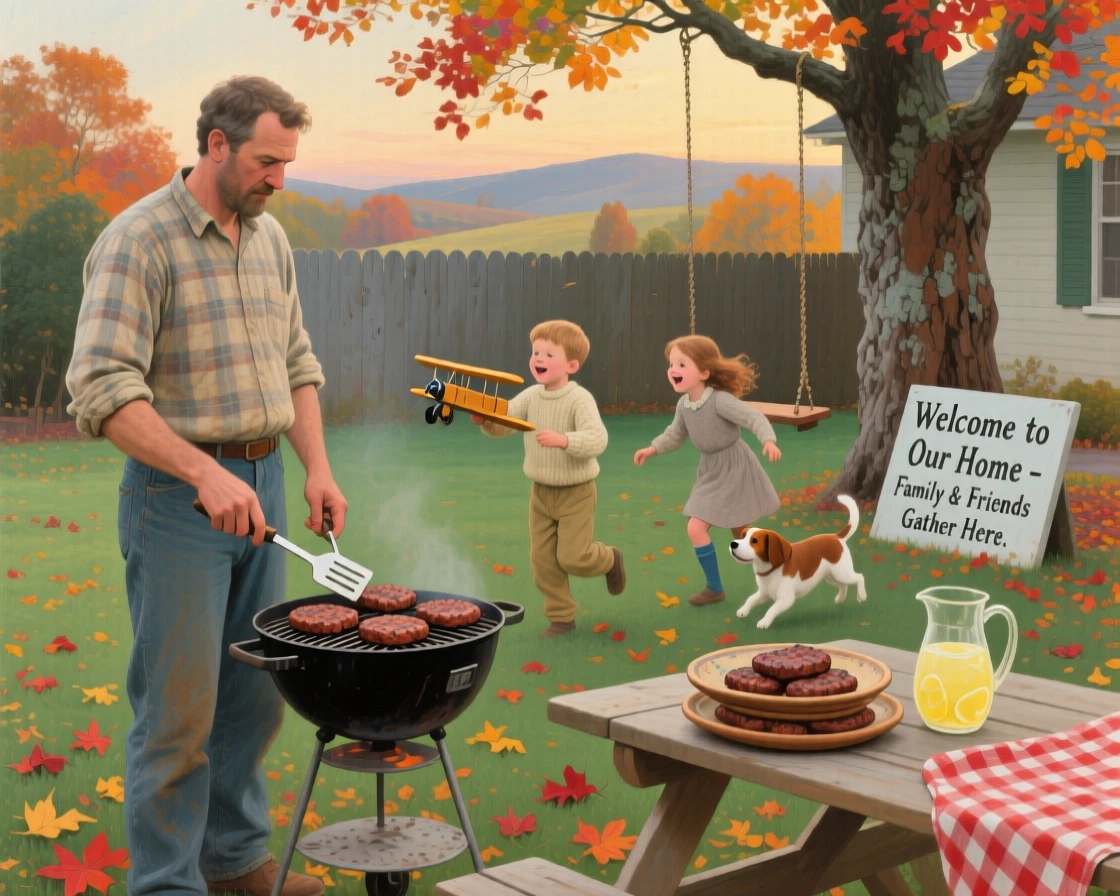 A father grilling burgers in the backyard while kids play nearby, as the changing season is reflected in the surrounding setting, evoking warmth, nostalgia, and heartfelt connection