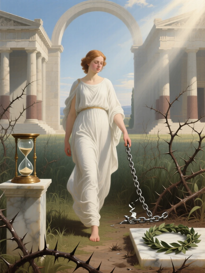 The allegory of Innocence walking untouched through a field of thorns as light and shadow embody opposing truths, set within a classical temple open to the heavens, with symbolic objects such as a broken chain, an hourglass, or a laurel wreath placed with quiet intention; the composition balances opposing symbolic elements on either side of the central figure, radiating timeless wisdom and moral clarity.
