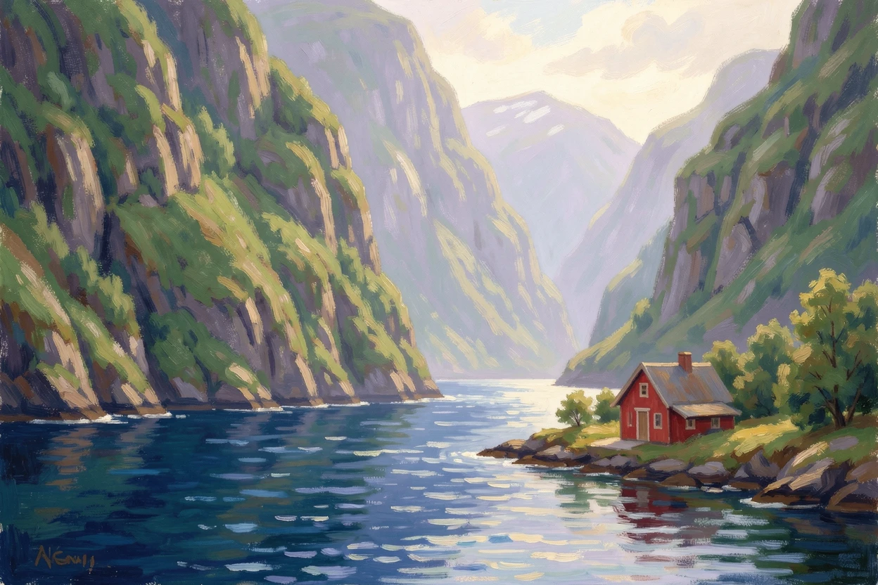 A dramatic fjord with steep green cliffs plunging into deep blue water, a small red cabin perched near the shore.