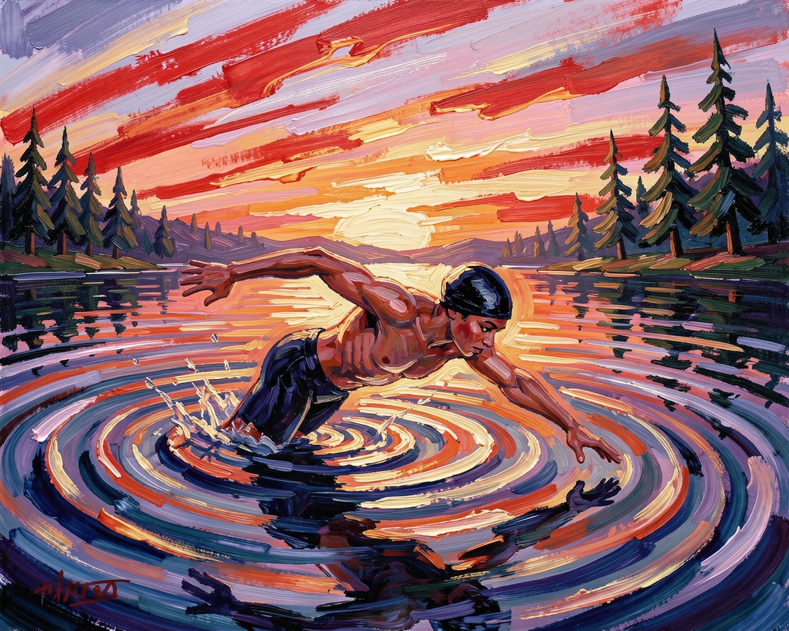 A determined young swimmer diving into a lake at sunrise, ripples spreading outward.