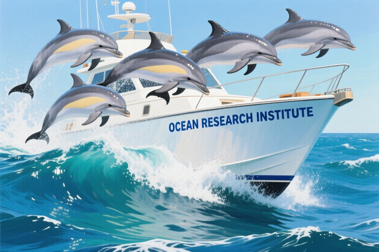 A group of Pacific white-sided dolphins rides the bow wave of a research boat, leaping playfully in perfect synchronized arcs, small details in its fur or feathers catching the light with remarkable clarity.