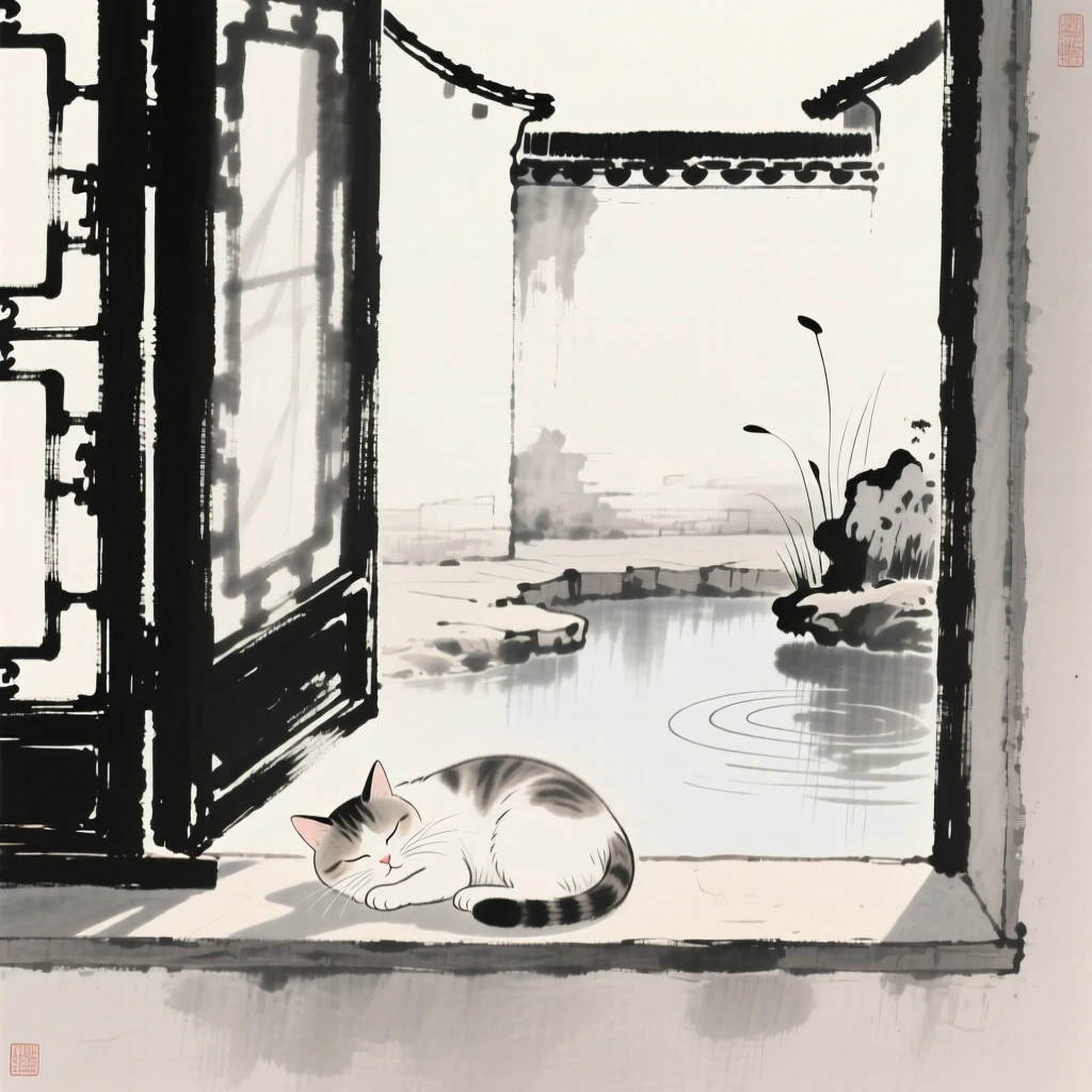 A small cat naps curled on a sunlit windowsill, beside a small pond in a walled garden.