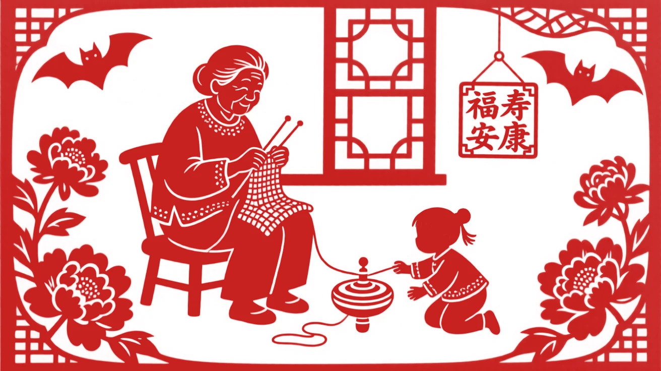 A grandmother knitting by the window while her grandchildren play with a spinning top on the floor