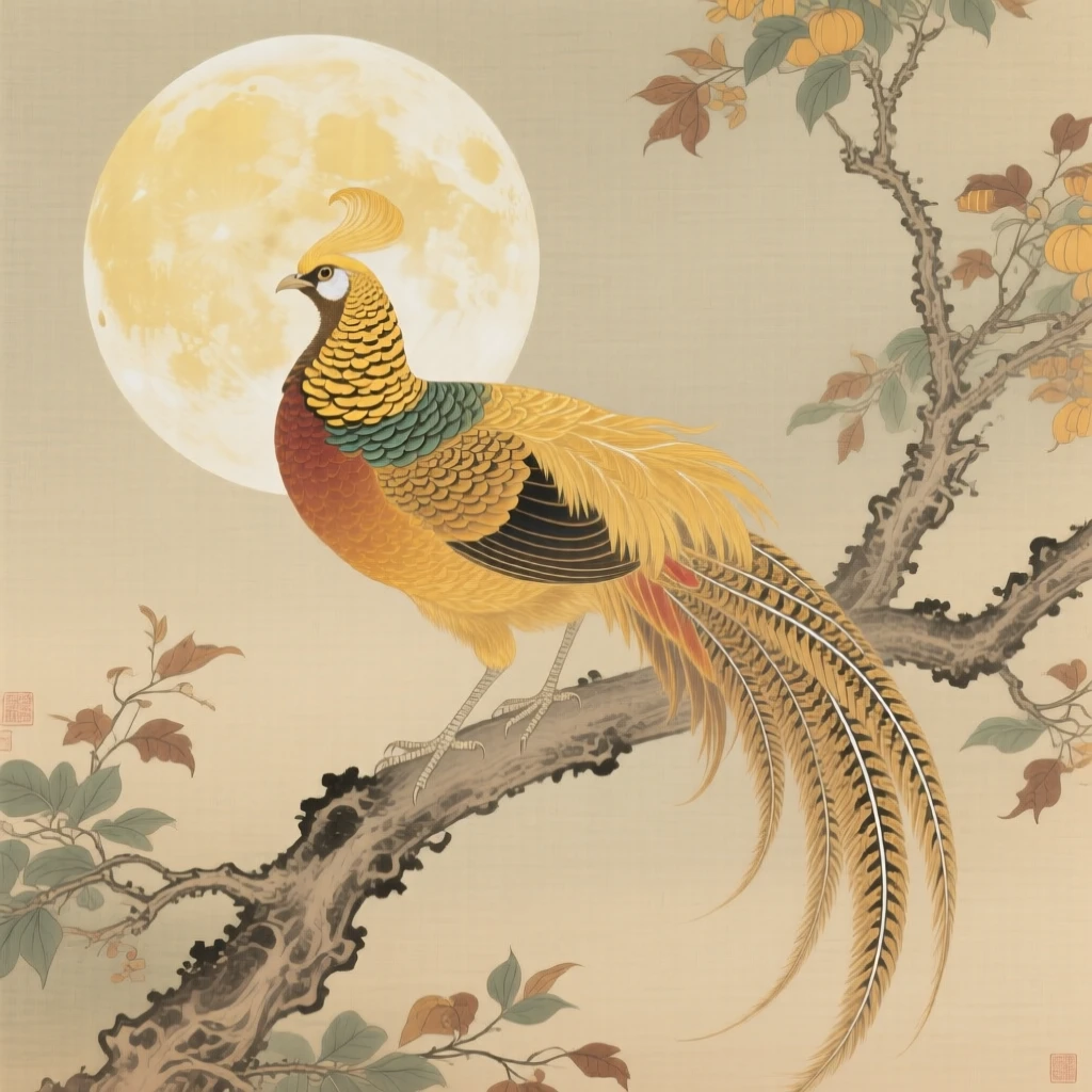 A golden pheasant silhouetted against a full harvest moon, soft morning light filtering through the branches