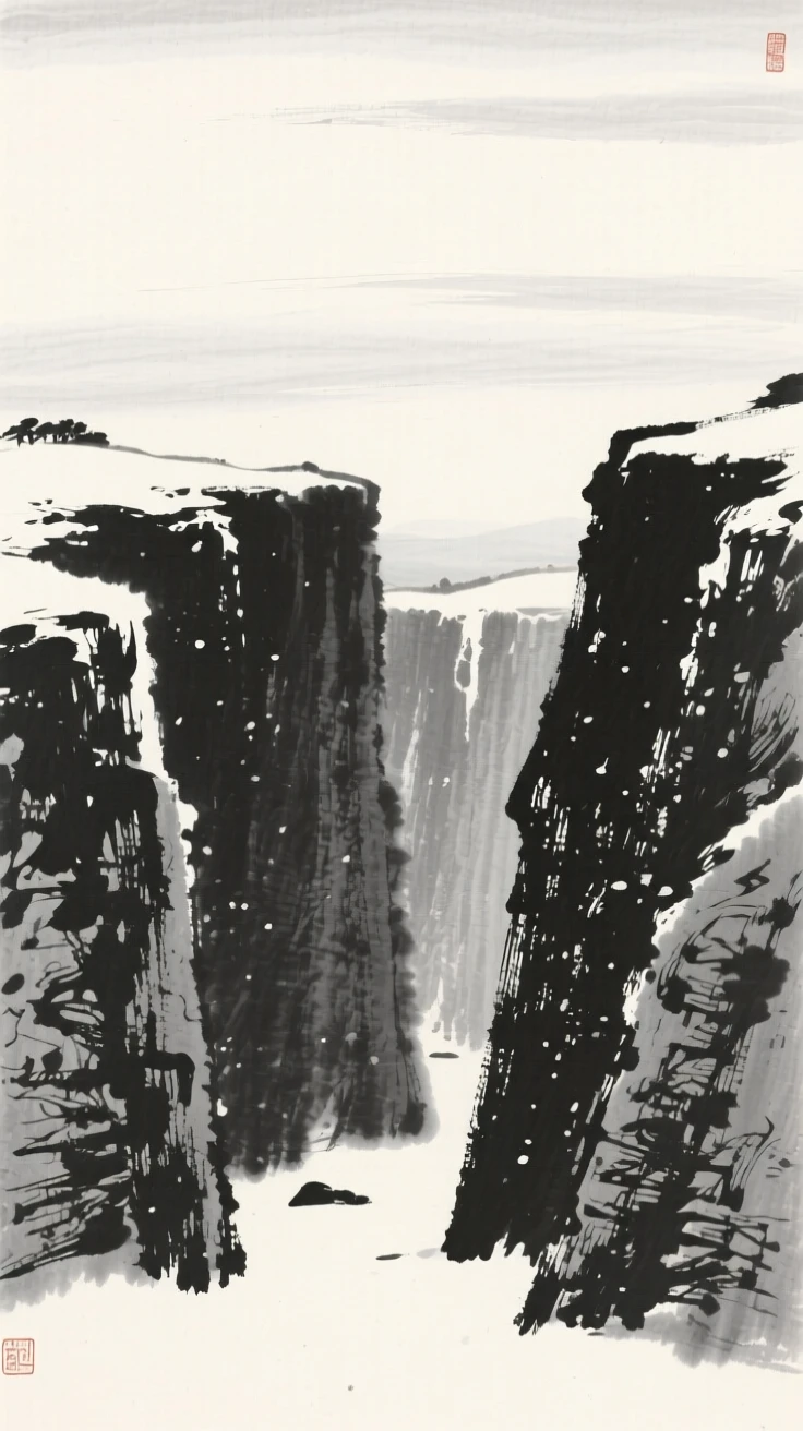A secluded cove framed by tall standing cliffs under a pale winter sky heavy with unfallen snow, composed with wide open space above to emphasize the scale of the sky, conveying calm reflection and gentle isolation.
