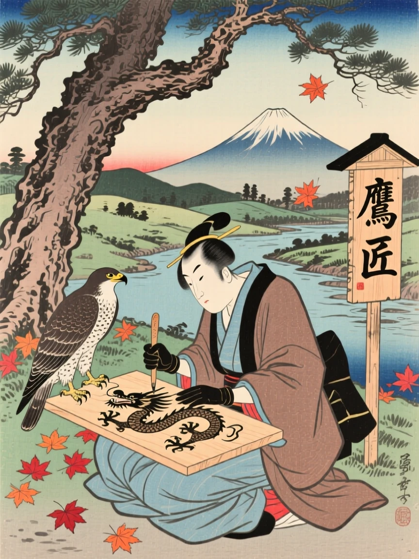 A falconer carving an intricate dragon into a wooden panel.