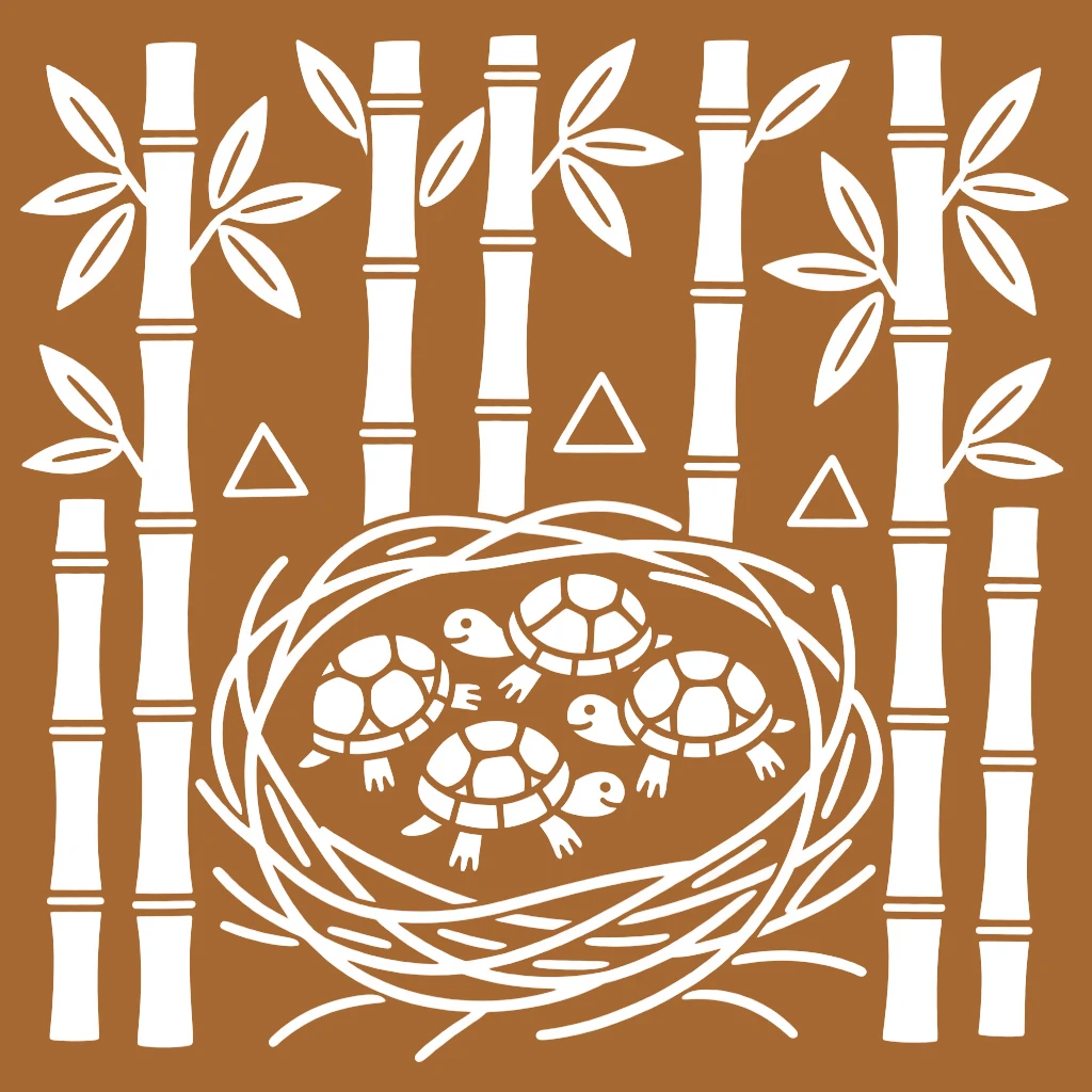 A nest of turtle hatchlings resting in a bamboo thicket.