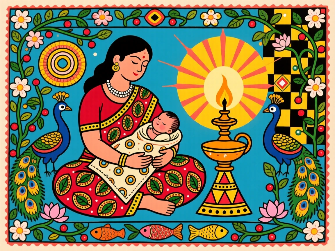 A mother cradling her newborn beneath the soft light of a lamp.