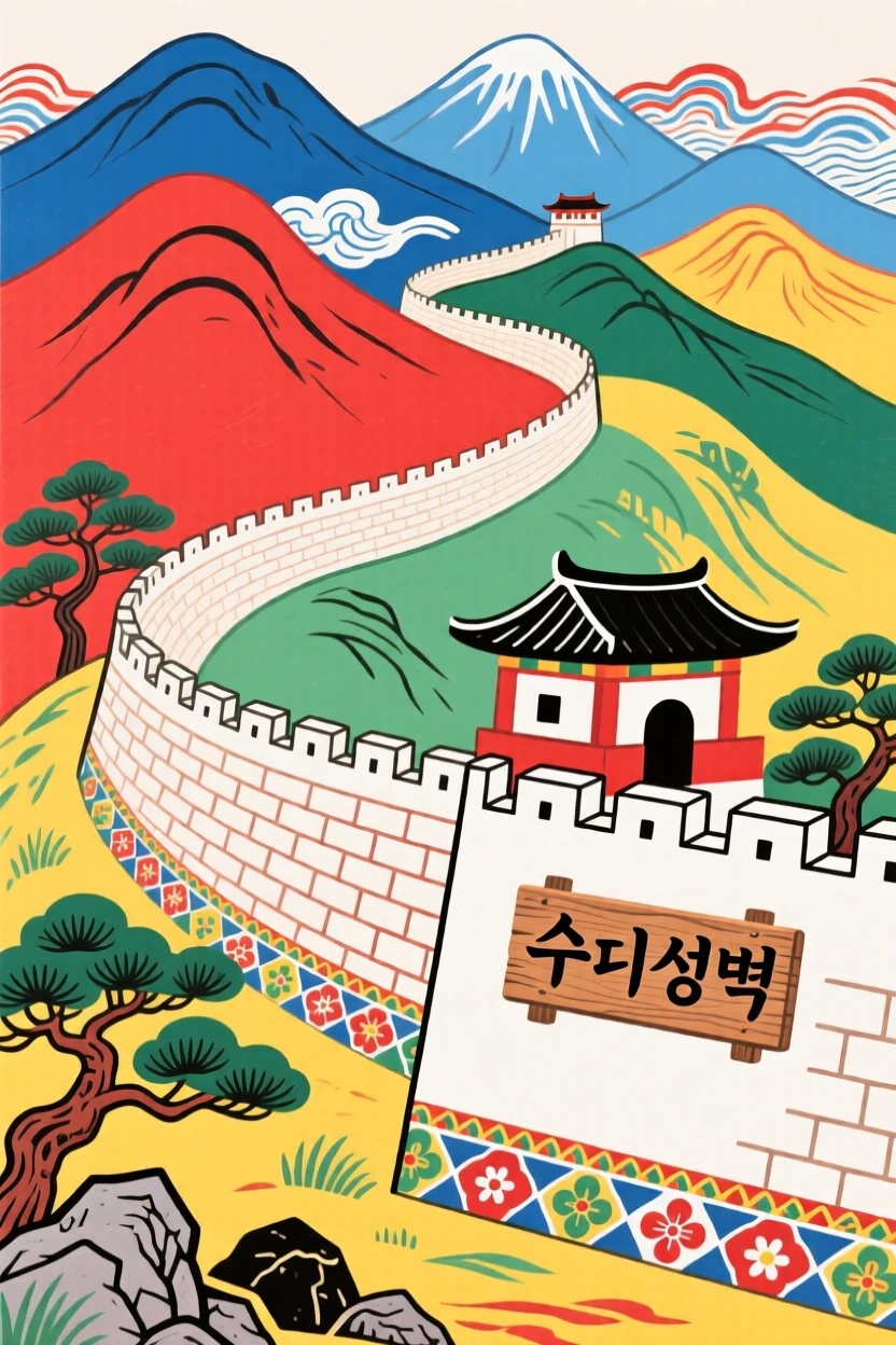 A fortress wall winding along a ridge nestled among distant mountains.
