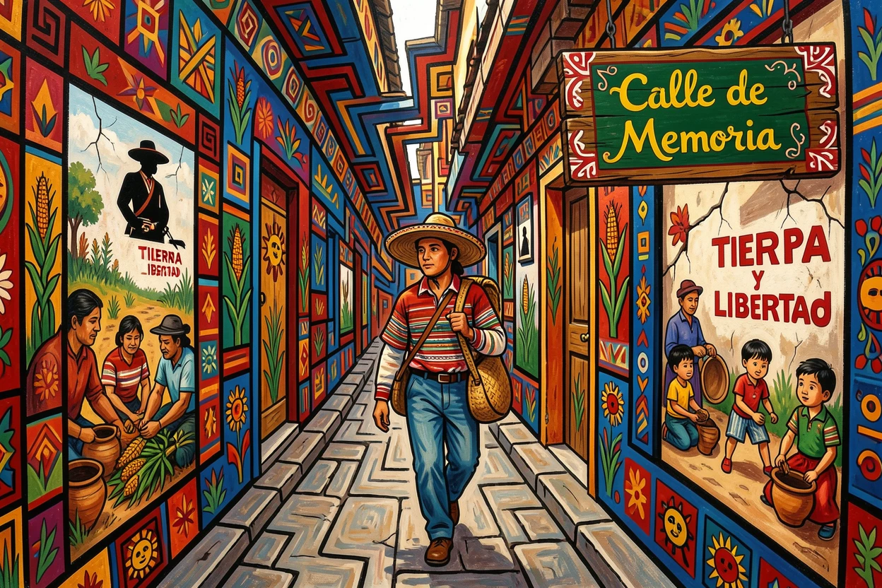 A traveler wandering through a labyrinth of narrow alleyways