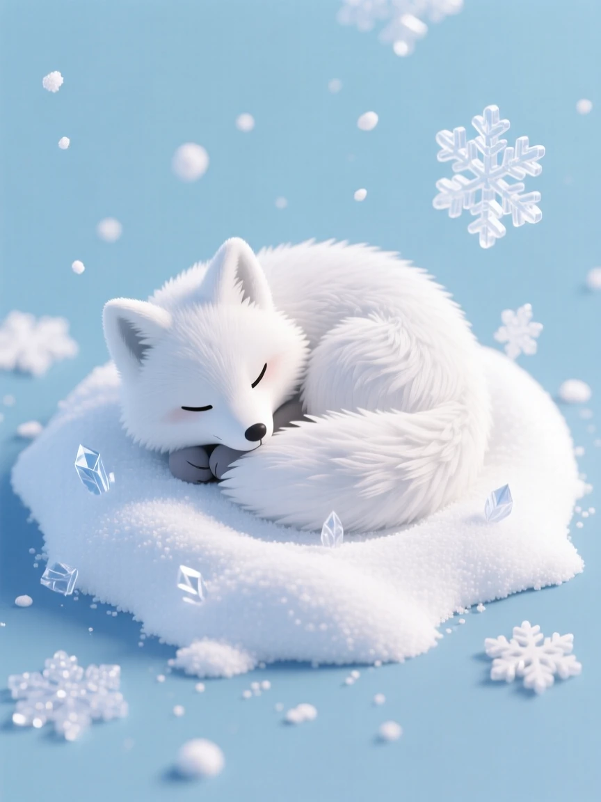 A fluffy arctic fox curled up in fresh snow, its white coat blending with the landscape, and snowflakes gently falling around it.
