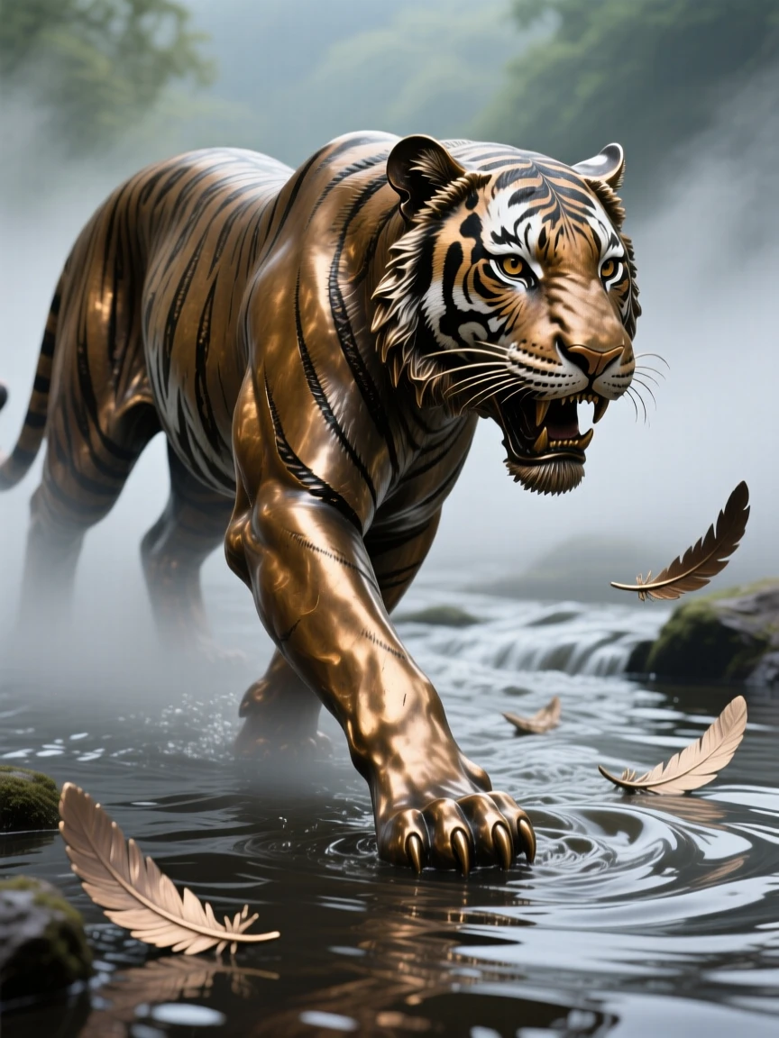 A majestic bengal tiger crossing a misty river, with fine, lifelike detail in fur and feather, evoking wonder and majesty