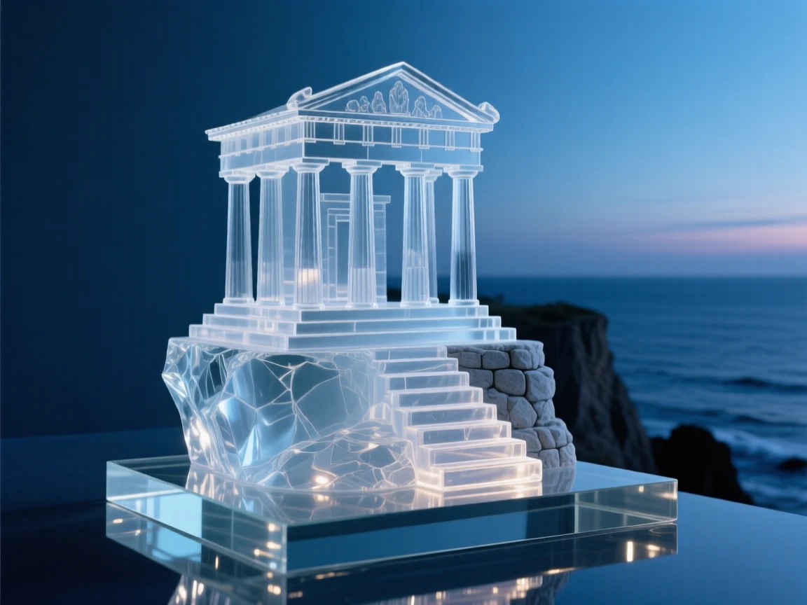 An ancient Greek temple on a cliff above the sea at blue hour with soft ambient lighting beginning to glow, reflections shimmering nearby, evoking timeless elegance.