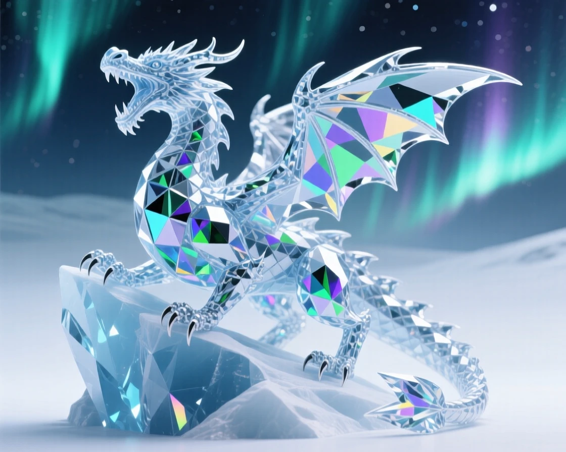 A colossal ice dragon frozen mid-roar atop a glacier under the northern lights.