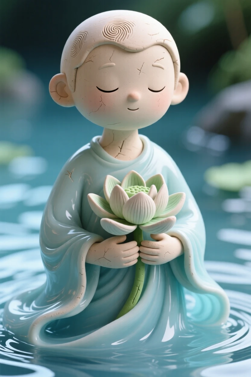 A river spirit made of flowing water cradling a lotus blossom