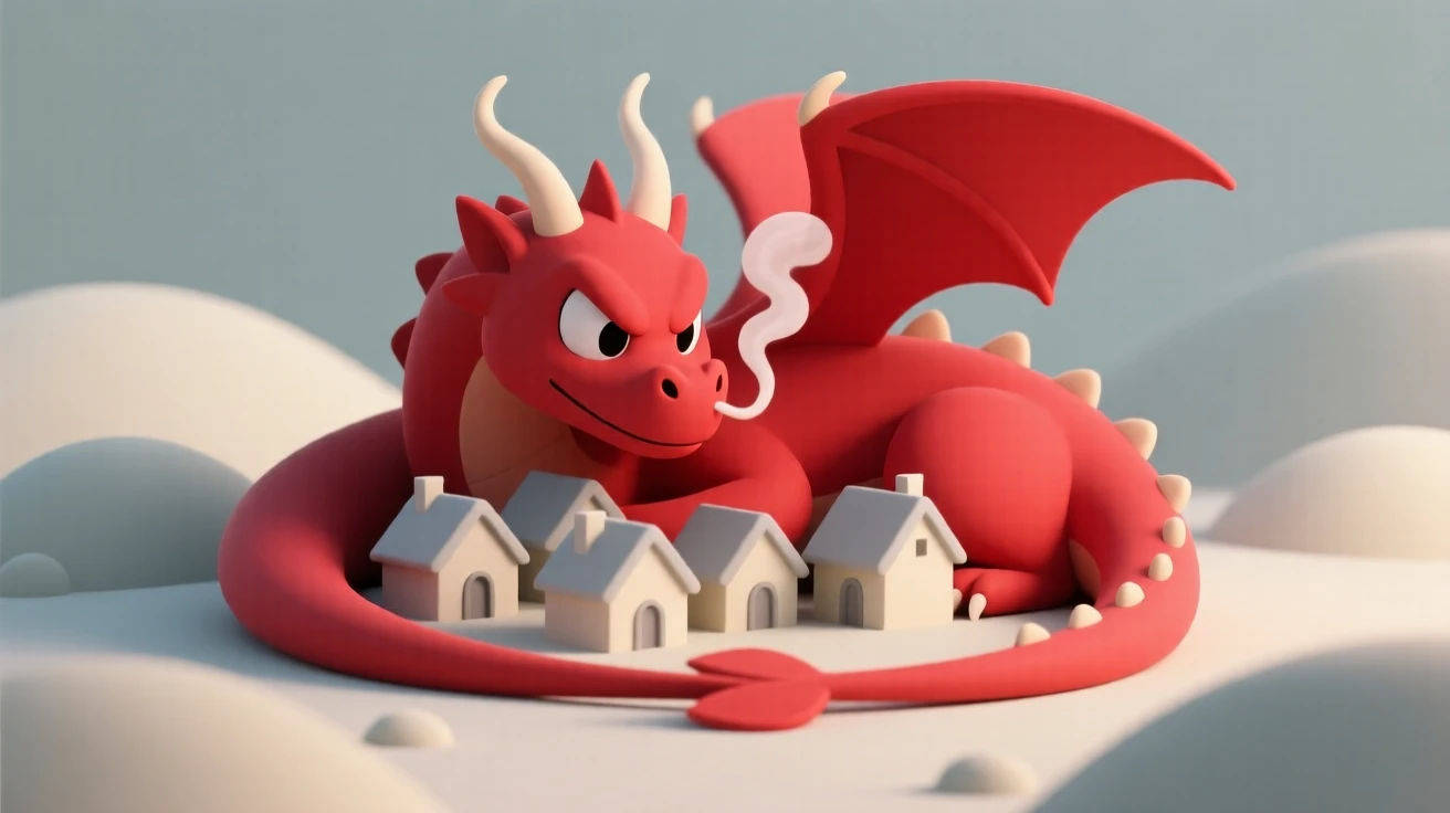 A fierce but friendly red dragon curls protectively around a sleeping village, wisps of smoke drifting from its nostrils.