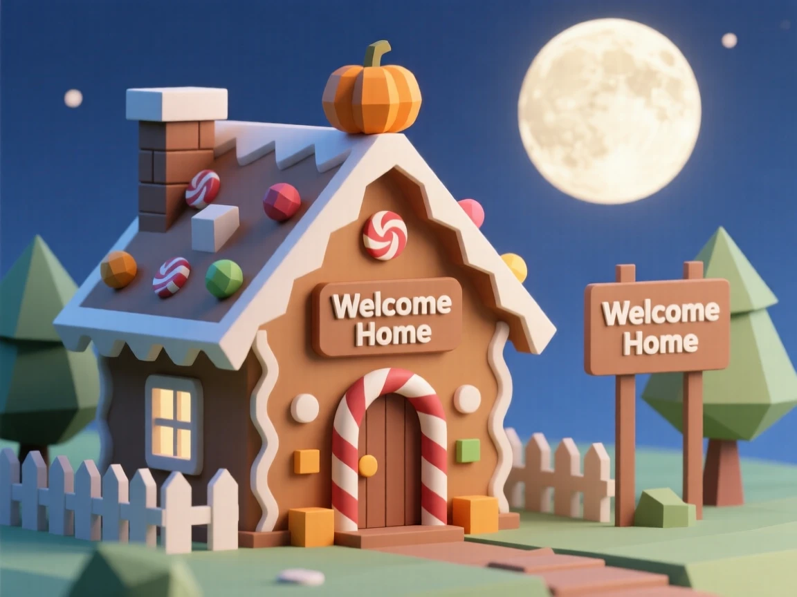 A festive gingerbread house covered in colorful candy, beneath a full harvest moon. small charming details enrich the festive setting. A gentle sense of togetherness fills the scene.