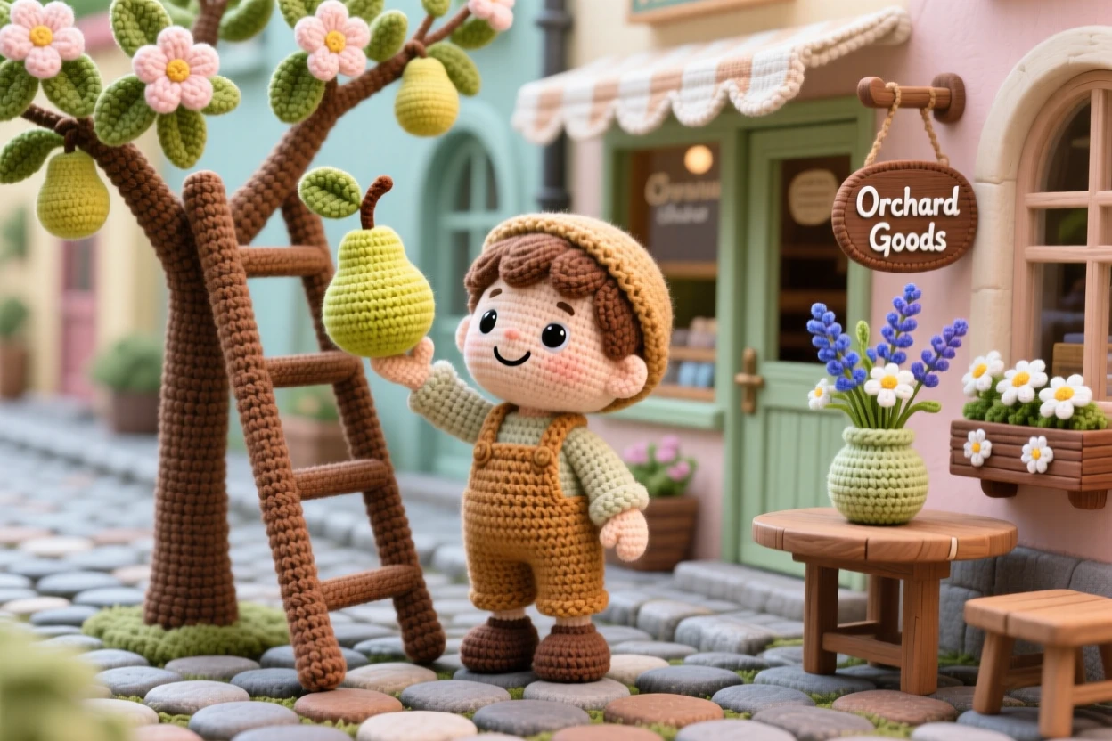 A charming scene of a cheerful orchard keeper's son with a ladder against a blossoming tree, picking the first pear of the season inside a charming cobblestone street lined with shopfronts; a small vase of wildflowers on the table adds to the moment, full of tender patience and unhurried craftsmanship.