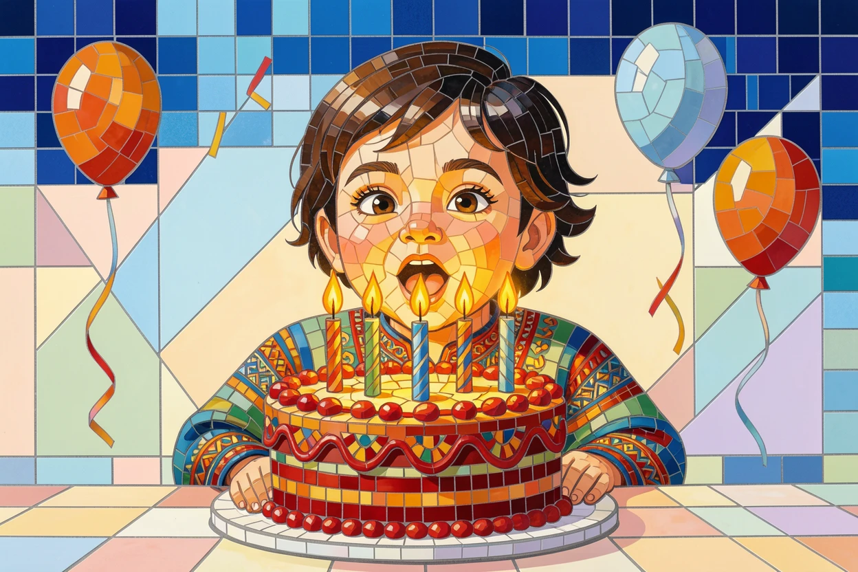 A vibrant, festive scene of a birthday celebration with a child blowing out candles on a colorful cake, rich in color and cultural detail.