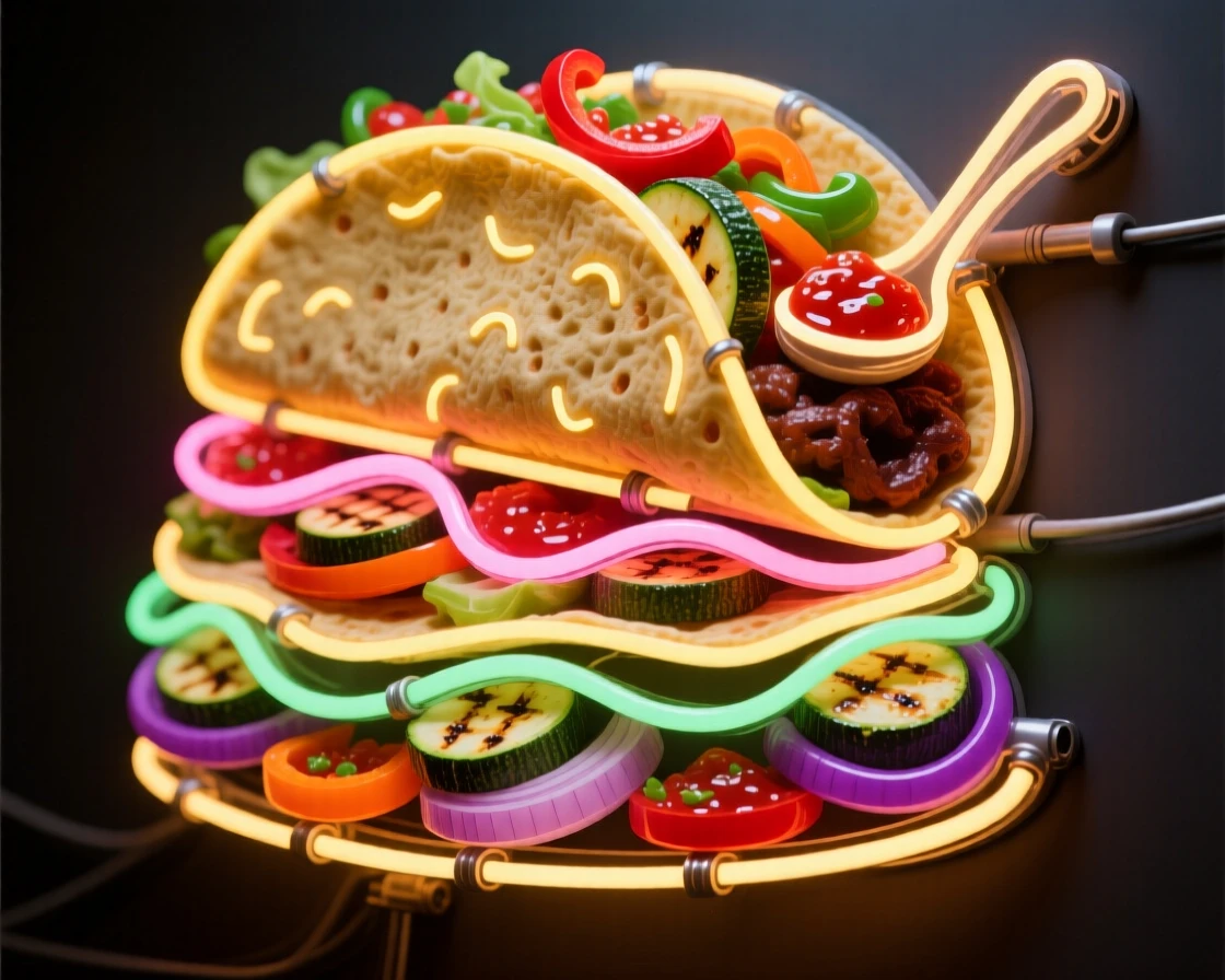 A stack of tacos filled with grilled vegetables and fresh salsa.