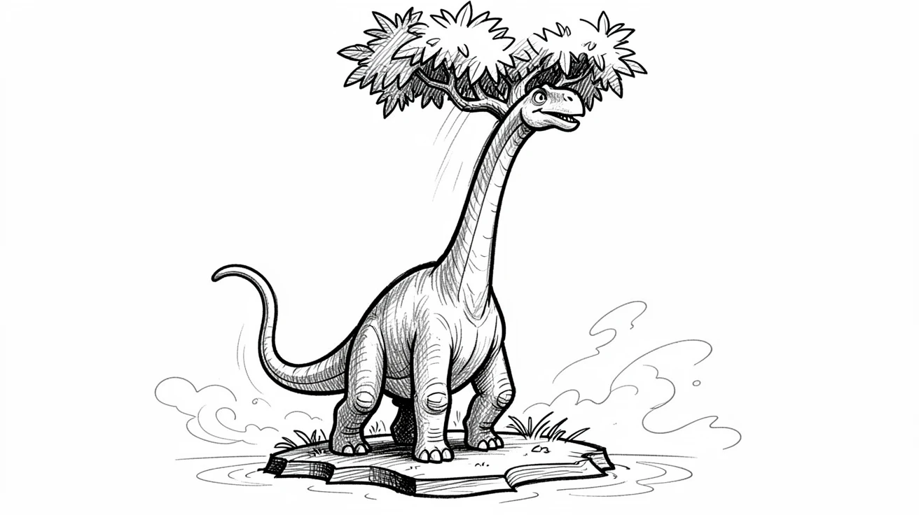 A towering brachiosaurus reaching a treetop on an island surrounded by mist.