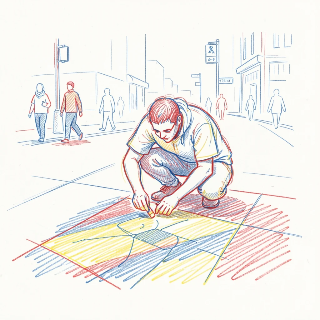 A street artist creating a chalk masterpiece on a busy sidewalk