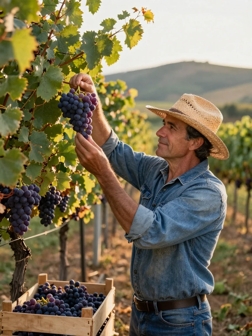 A vintner examines a cluster of grapes just before the harvest begins.