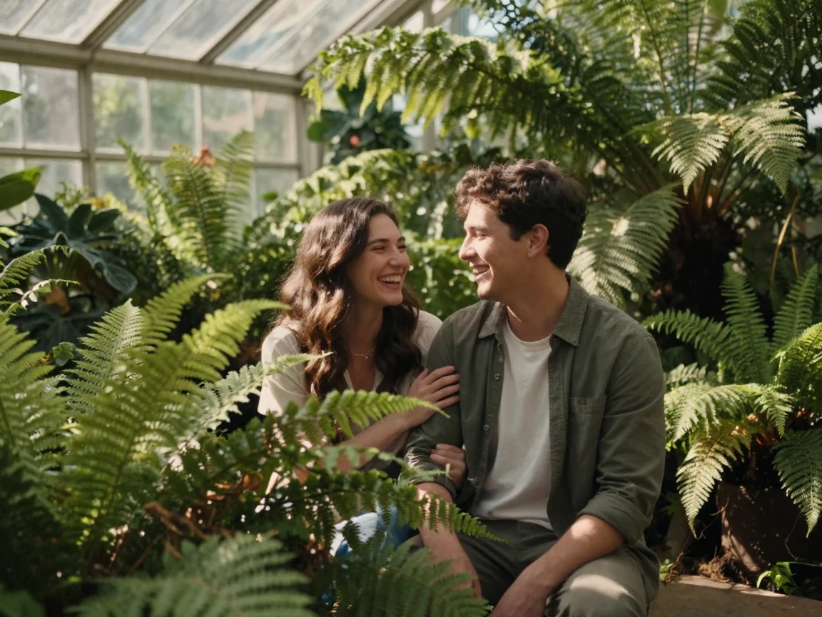 A young married couple sharing a quiet laugh together inside a sunlit greenhouse full of ferns