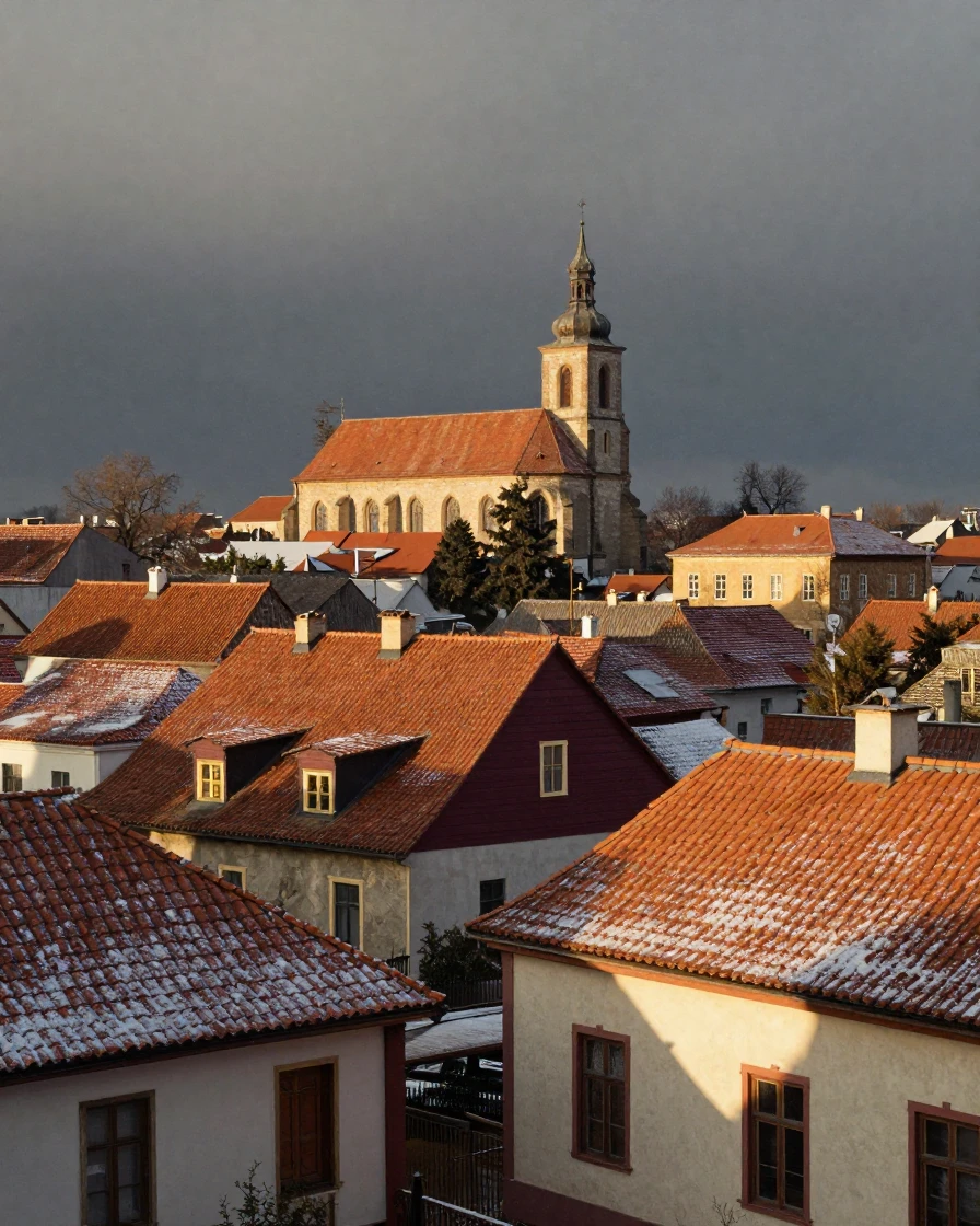 Terracotta rooftops clustered around a small village church, in warm morning light, under a darkening storm sky, under the first snow of winter, with rich burgundy and gold accents, from behind, looking toward the horizon.