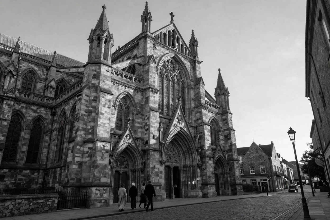 An ancient stone cathedral welcomes worshippers at dawn in a historic old town.