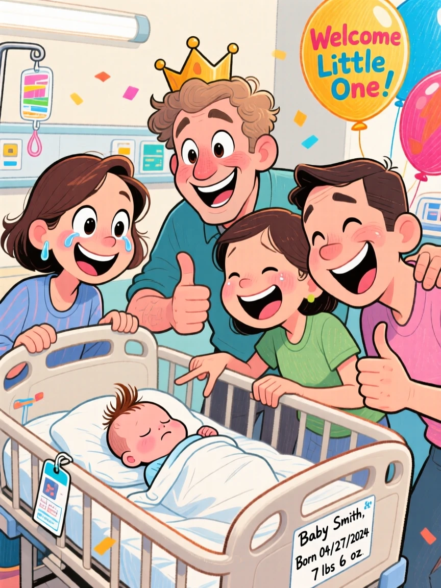 A family celebrating a new baby's arrival, gathered around the hospital bassinet.